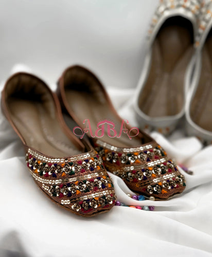Handmade Copper Multi & Off White Multi Beaded Khussa for Women